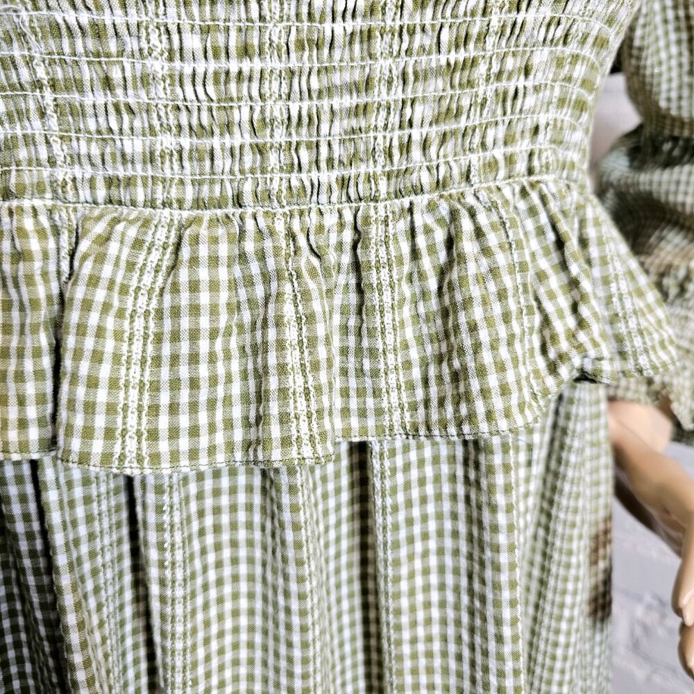 Frances Hart Maternity Green Gingham Smocked Midi Dress Silver Thread Size M - Picture 5 of 6